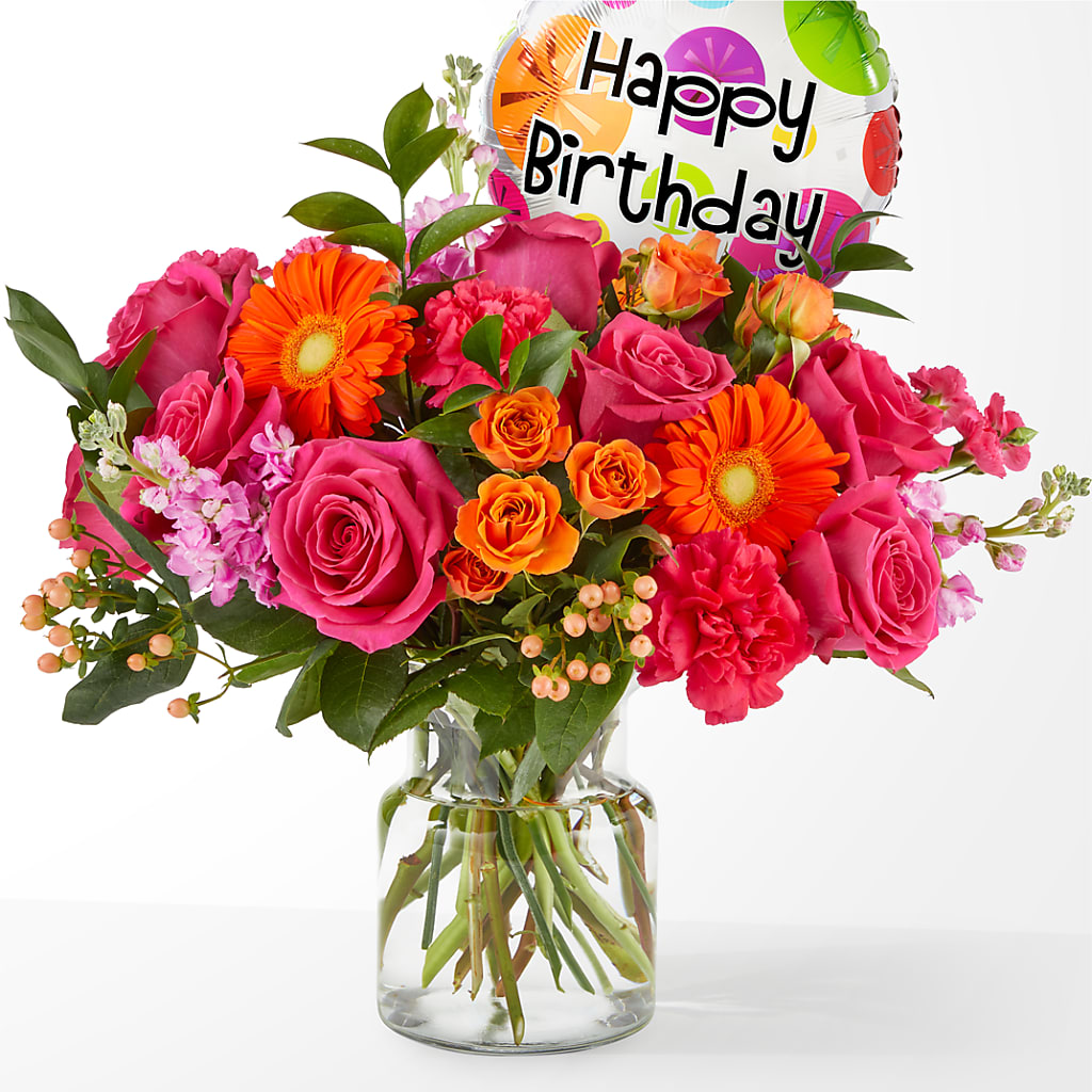 Fiesta Bouquet with Birthday Balloon – Simply Gorgeous Flowers, Harvey LA