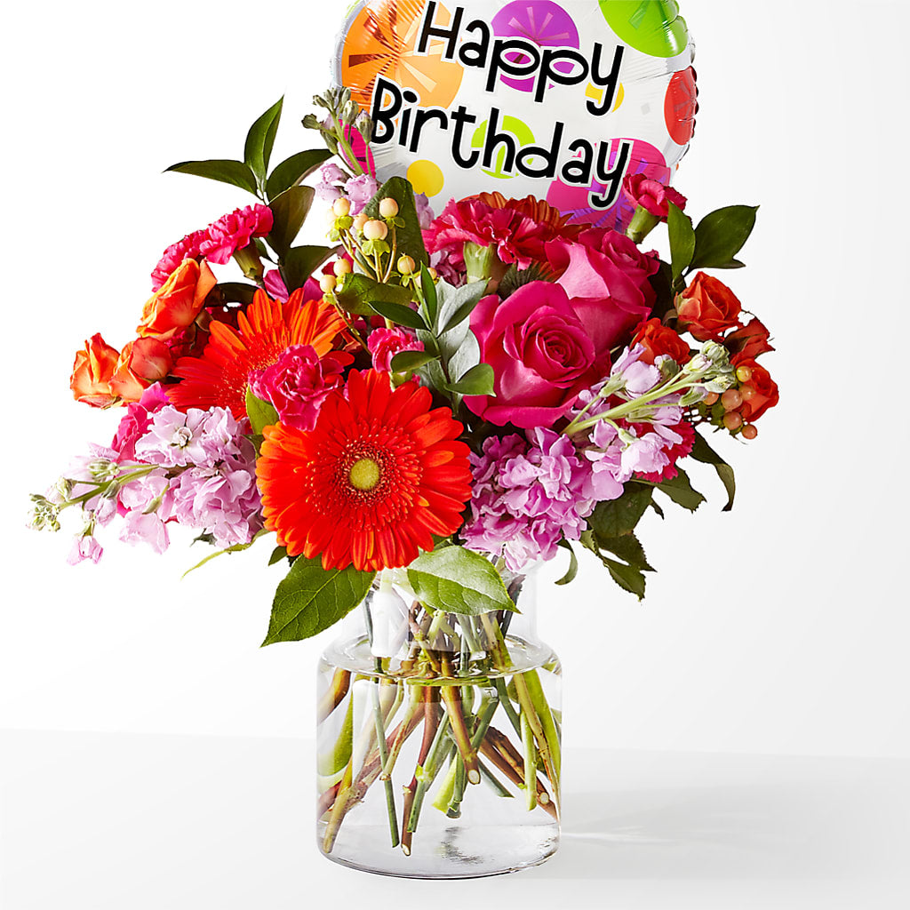 Fiesta Bouquet with Birthday Balloon – Simply Gorgeous Flowers, Harvey LA