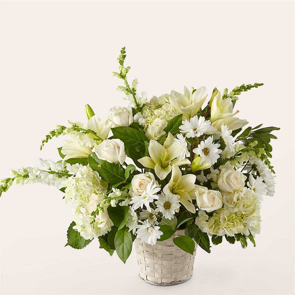 Ivory Elegance Floral Basket – Simply Gorgeous Flowers, Harvey LA