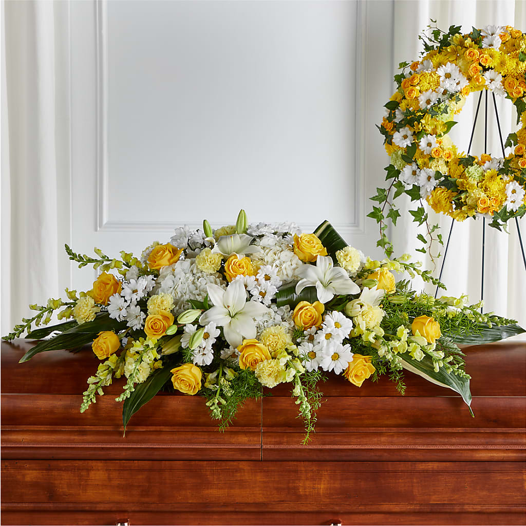 Golden Harmony Casket Spray – Simply Gorgeous Flowers, Harvey LA