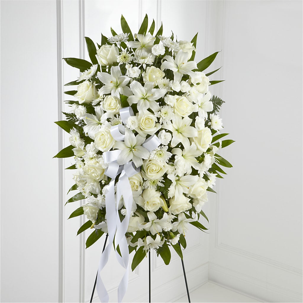 Exquisite Tribute Standing Spray-White Ribbon – Simply Gorgeous Flowers, Harvey LA