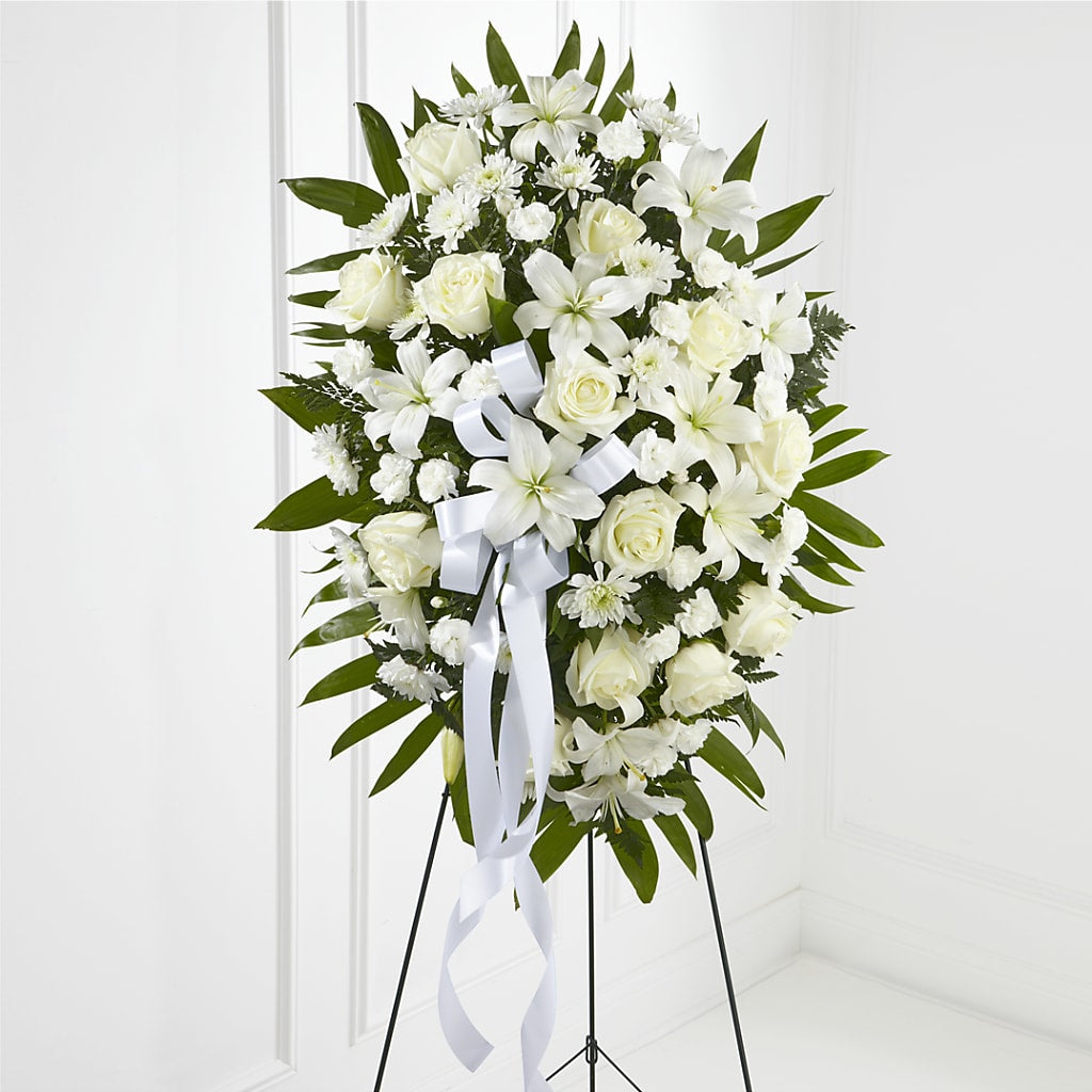 Exquisite Tribute Standing Spray-White Ribbon – Simply Gorgeous Flowers, Harvey LA